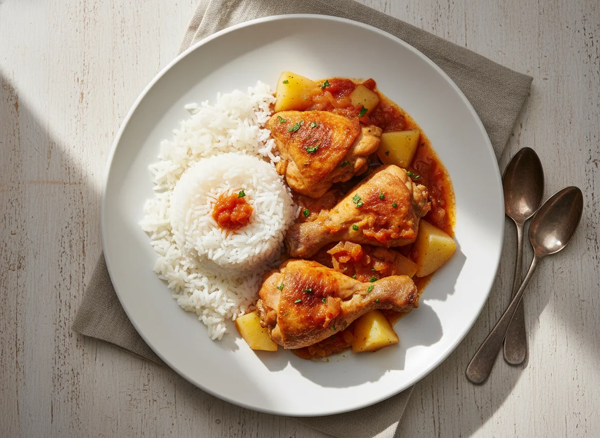 Frango guisado com arroz e batata photo