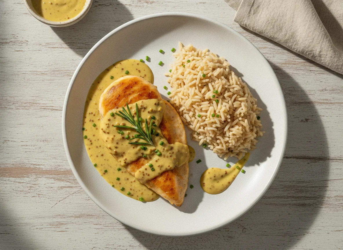 Frango na mostarda com arroz cateto integral photo