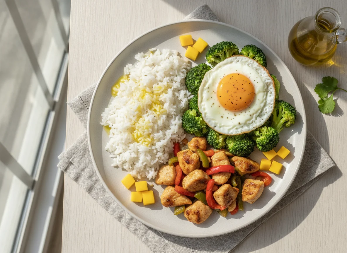 Frango salteado com arroz, ovo estrelado e brócolos photo