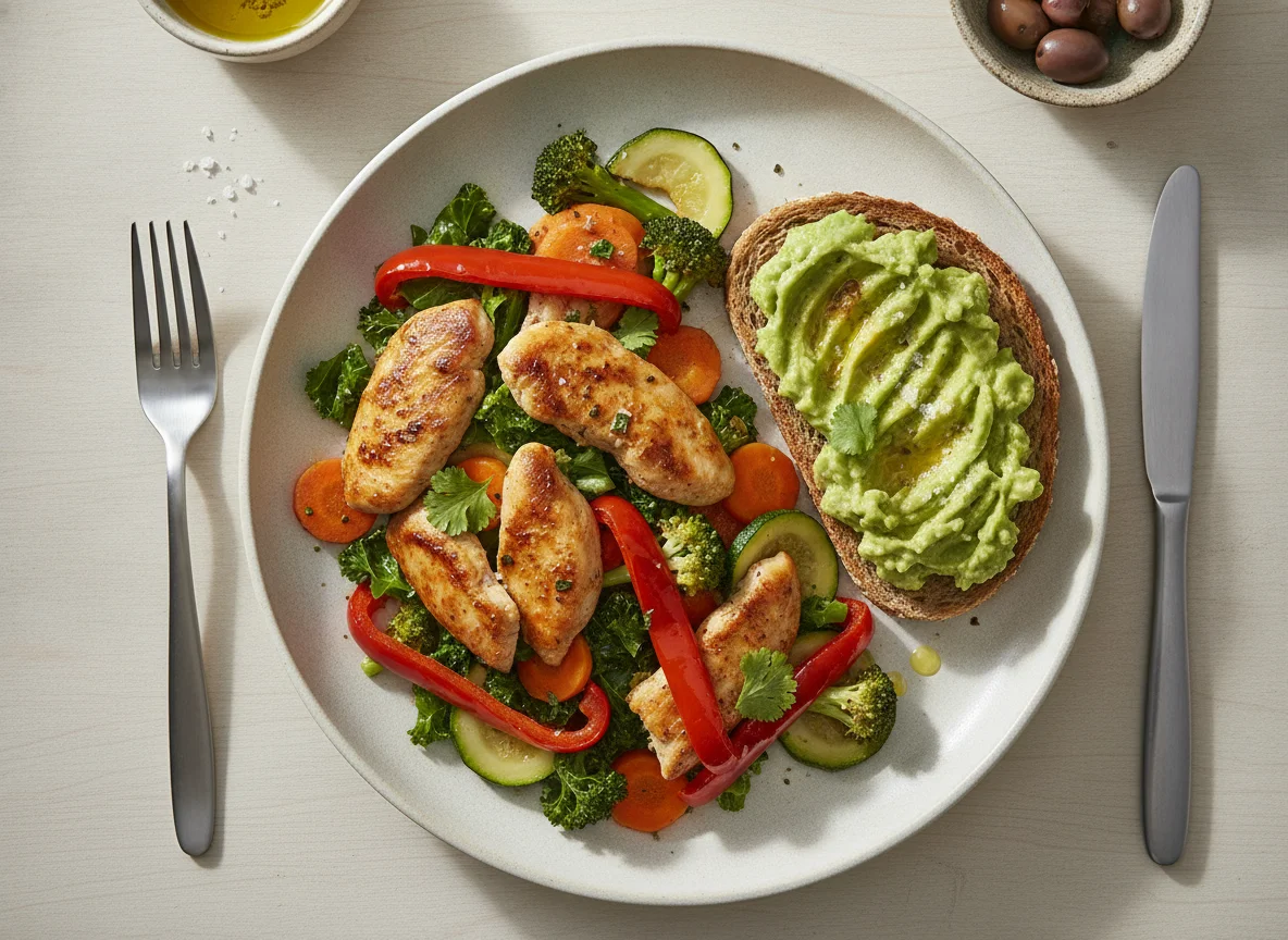 Frango salteado com legumes, pimento vermelho e tosta de abacate photo
