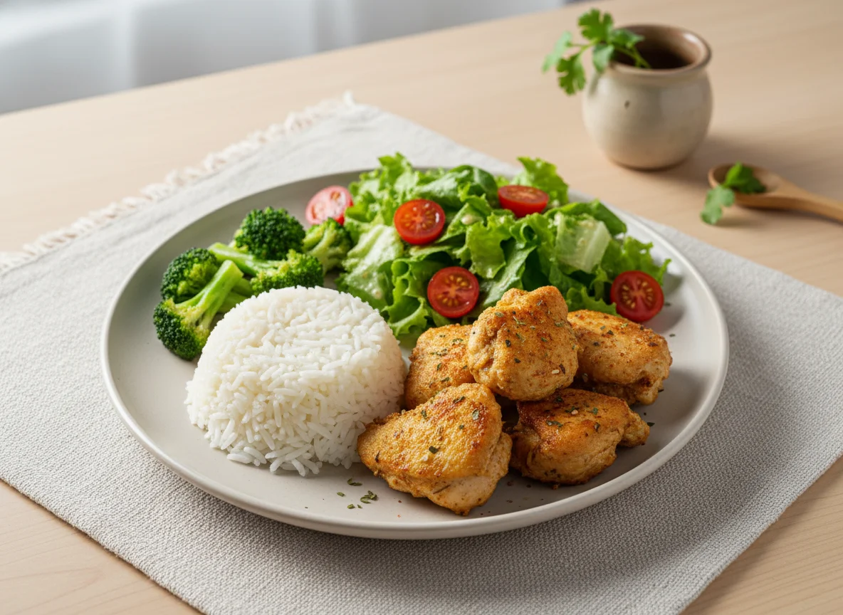 Frango temperado frito na airfry com arroz, brócolis e salada photo