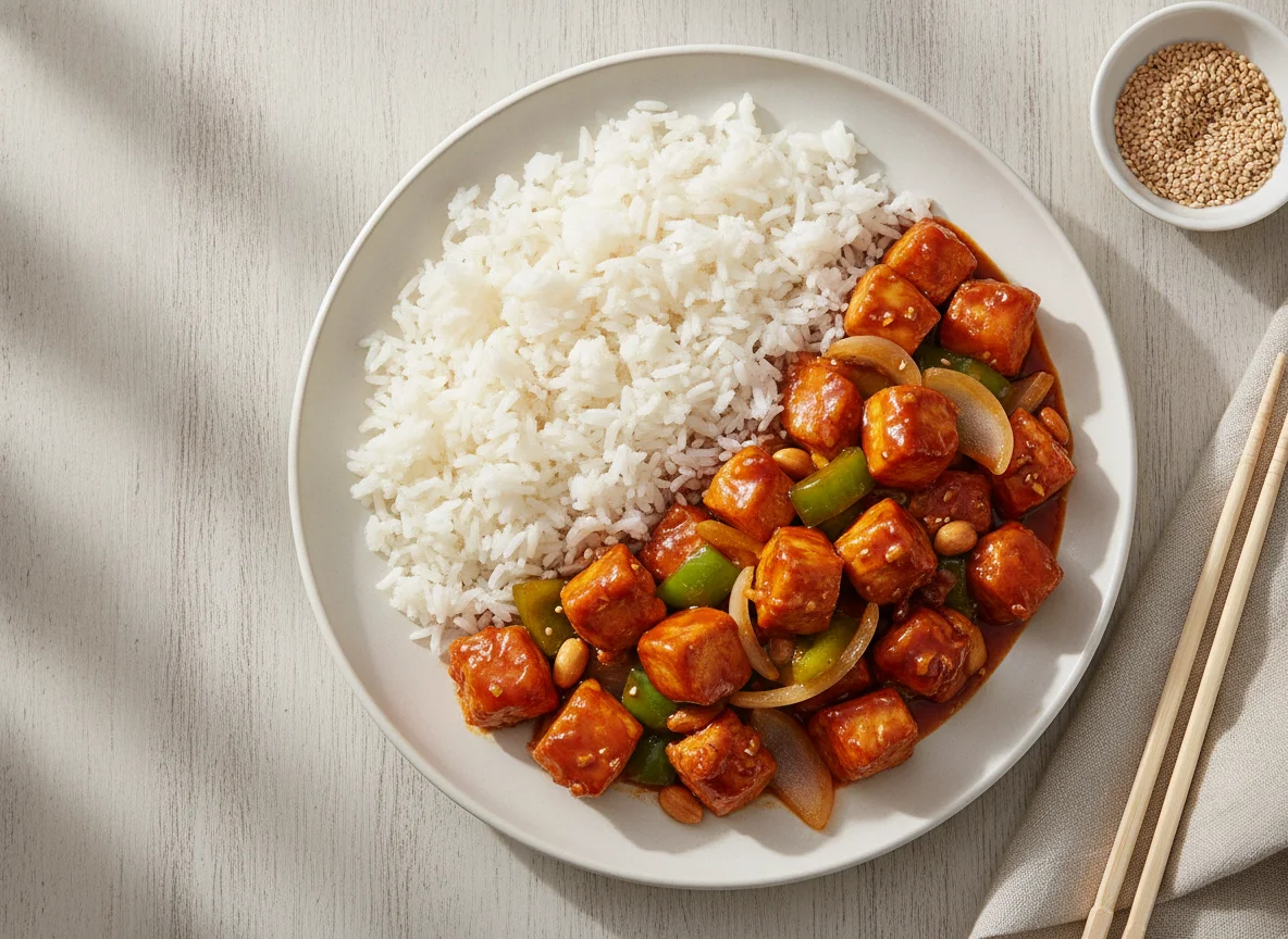 Frango Xadrez com Arroz Branco photo