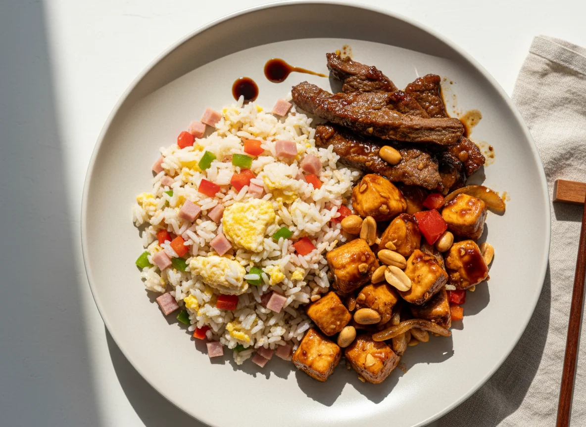 Frango Xadrez com Arroz Colorido e Carne Caramelizada photo