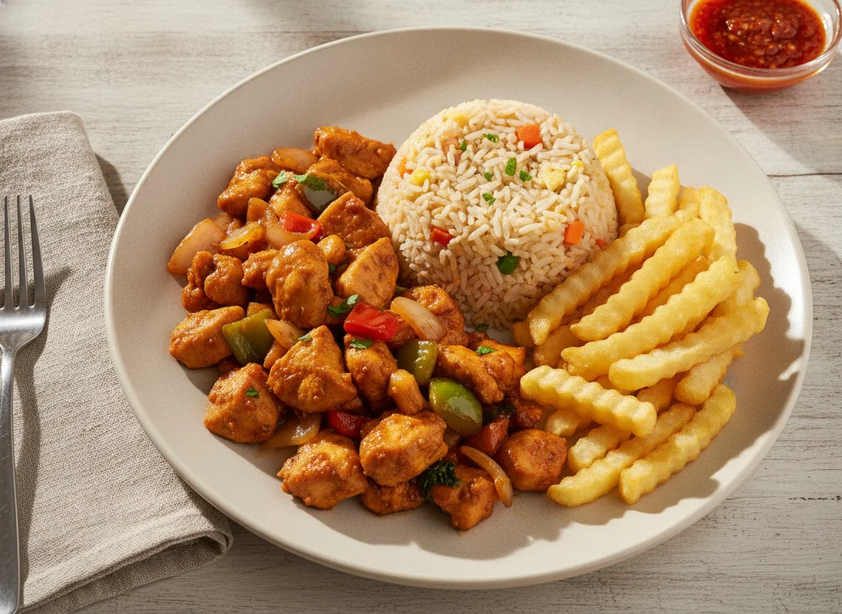 Frango Xadrez com Arroz e Batata Frita photo