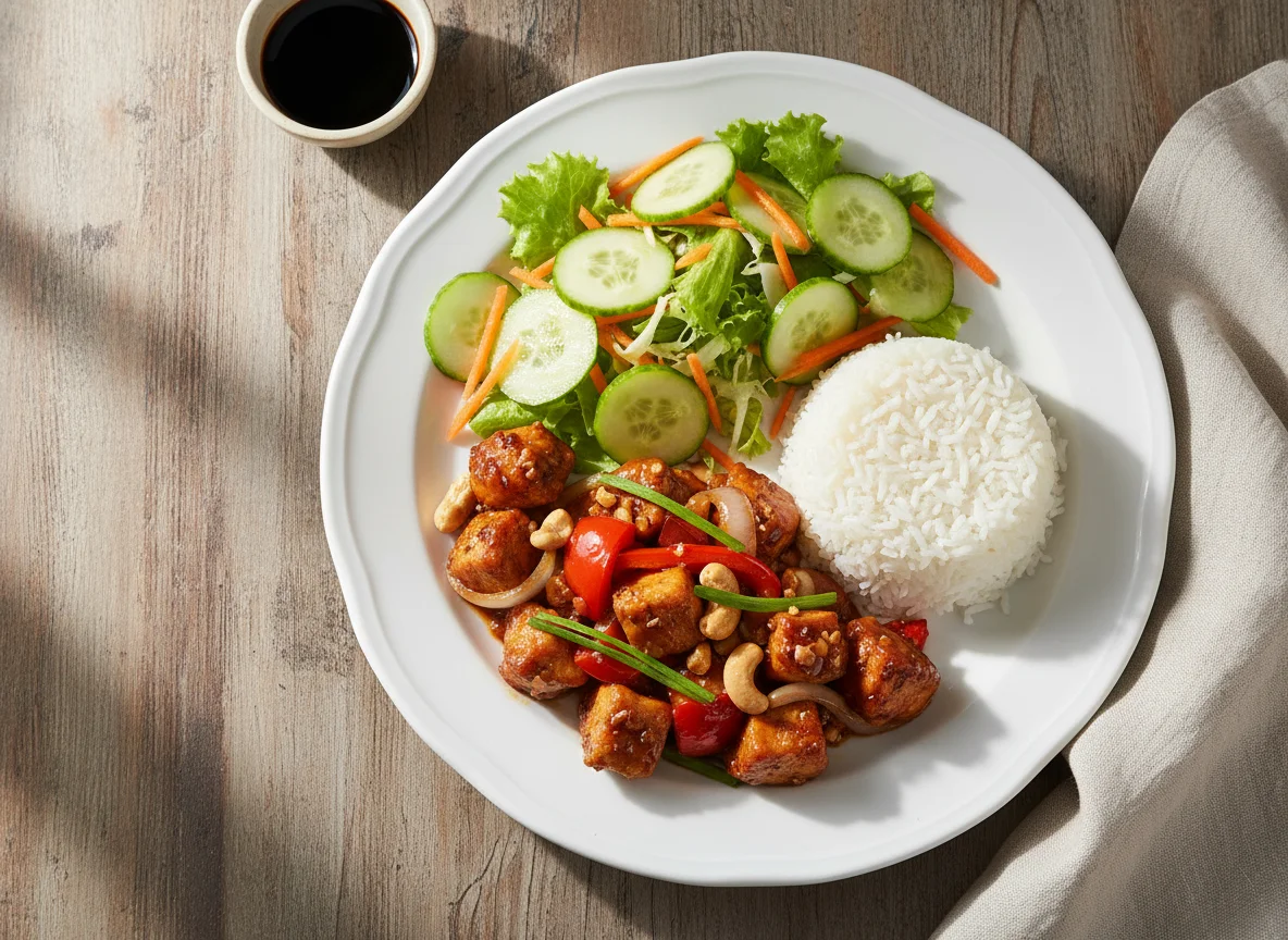 Frango xadrez com arroz e salada photo