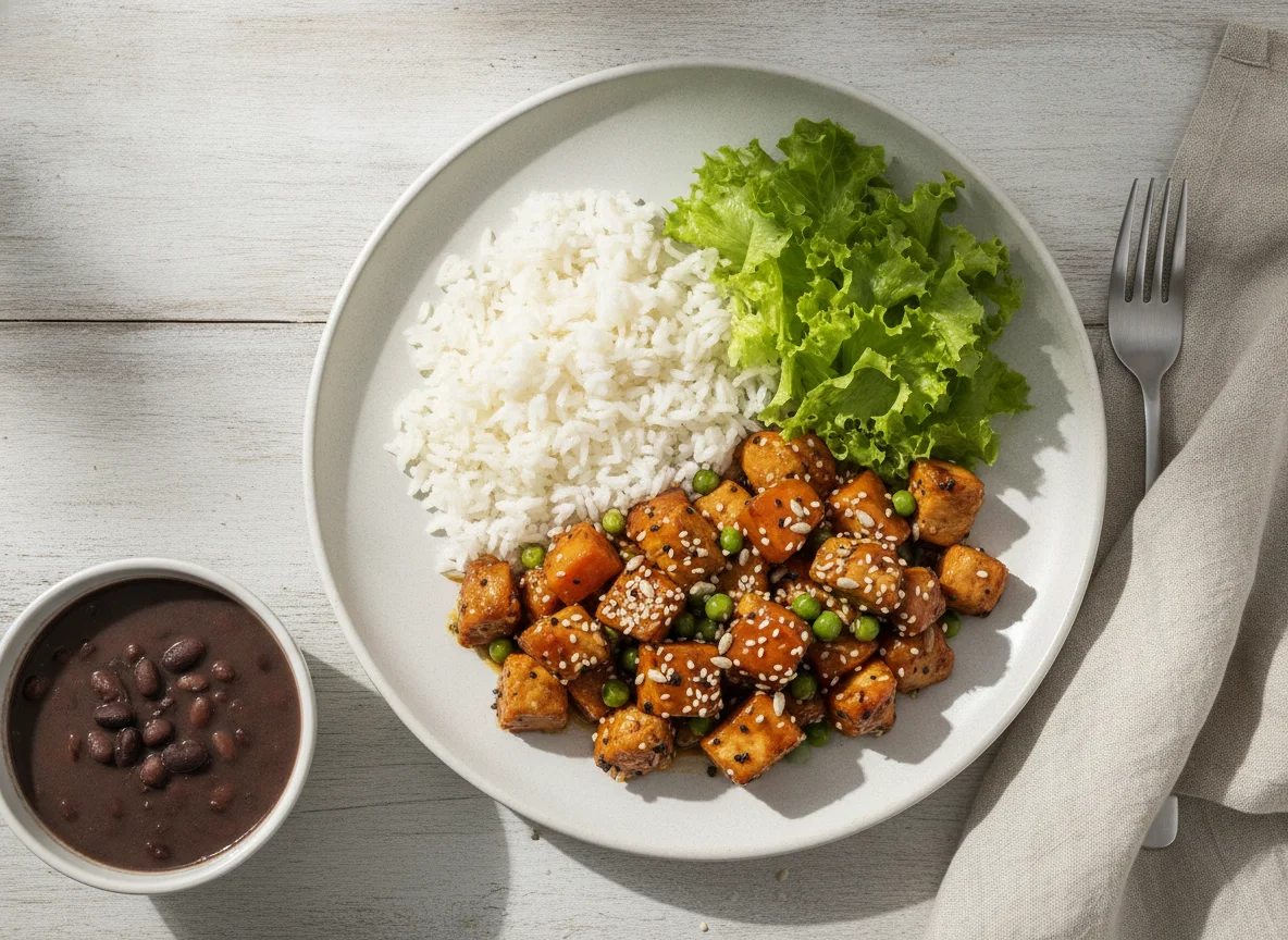 Frango xadrez com arroz, feijão e salada photo