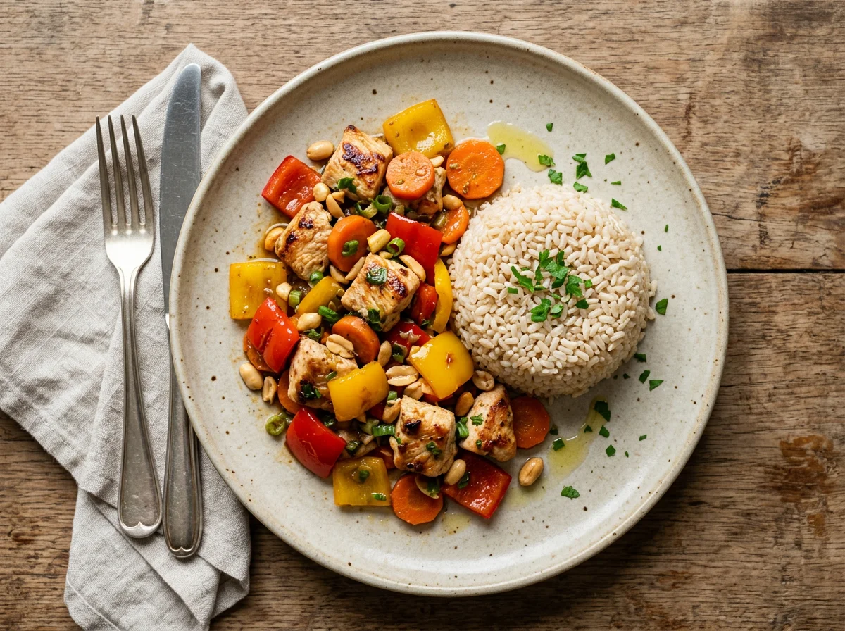 Frango xadrez com arroz integral e legumes photo