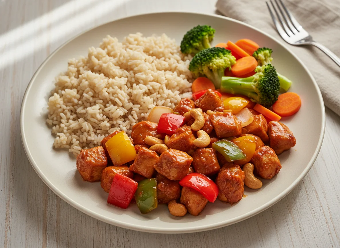 Frango xadrez com arroz integral e vegetais photo