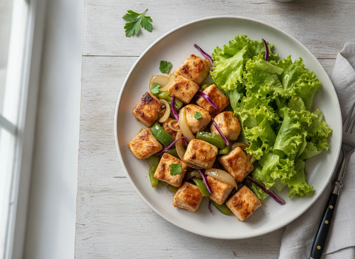 Frango xadrez com salada de alface photo