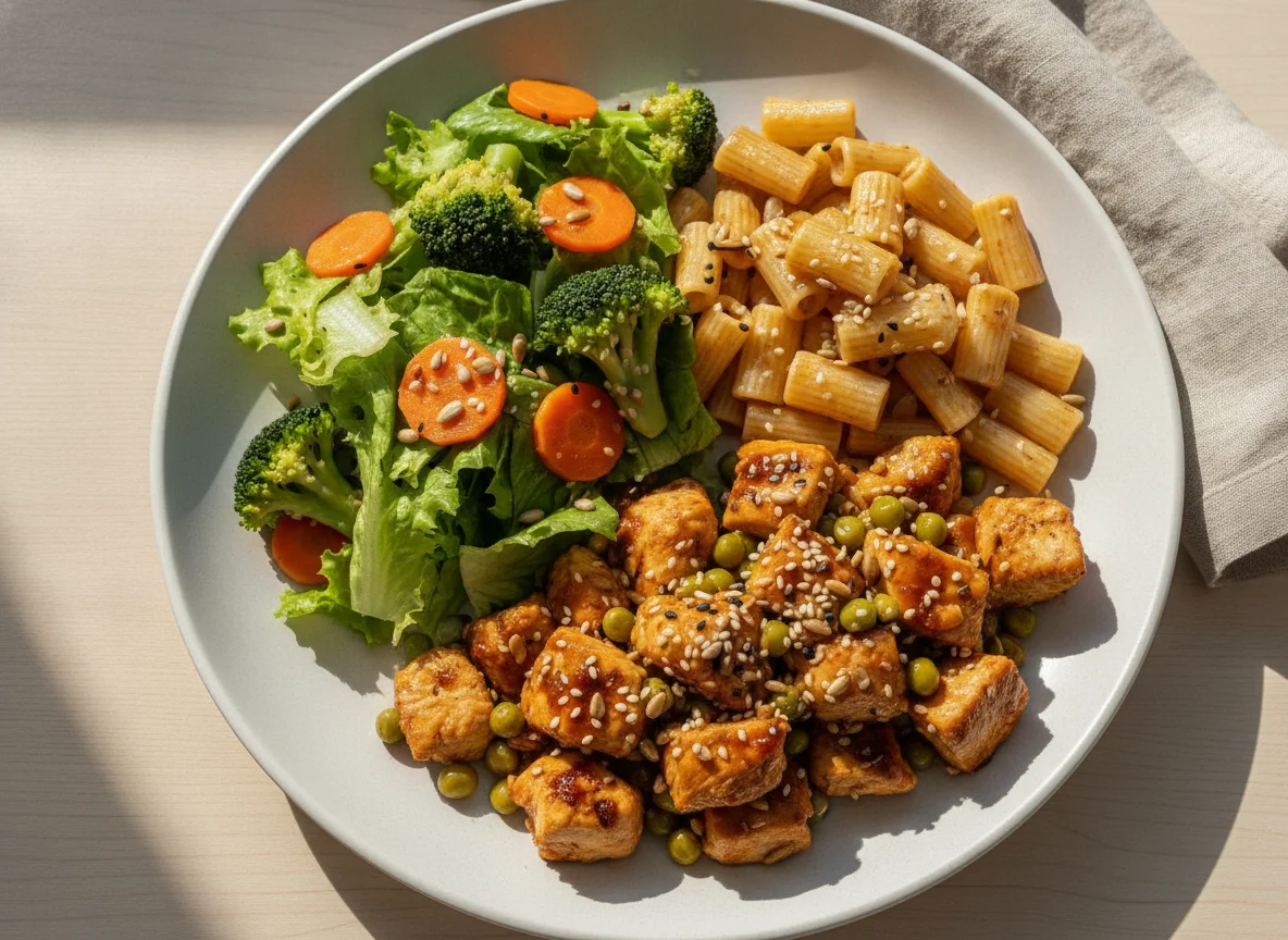 Frango xadrez com salada mista e macarrão photo