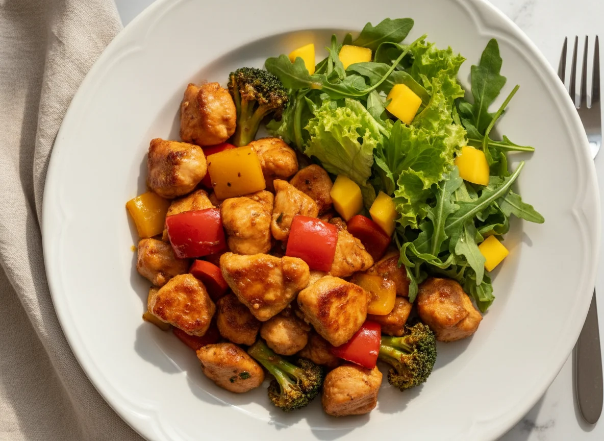 Frango xadrez com salada verde e brócolis photo