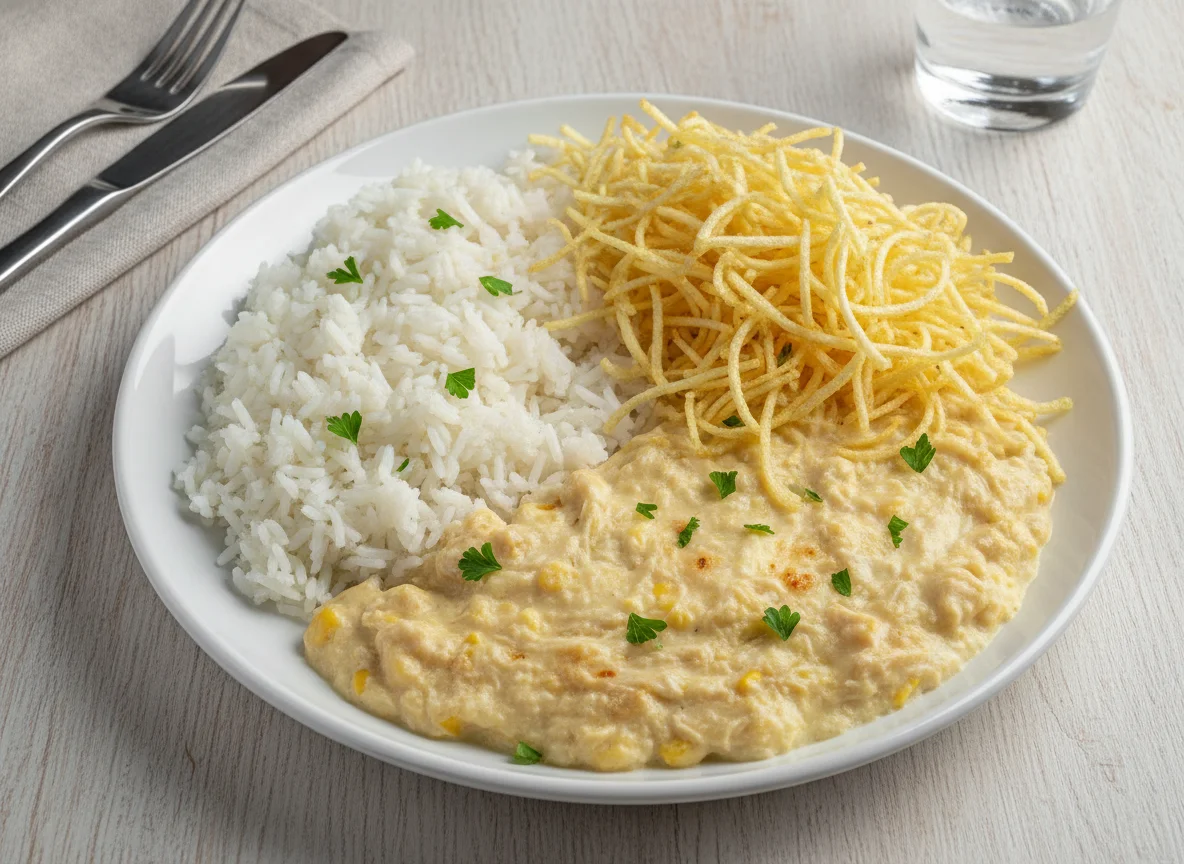Fricassê de frango com arroz branco e batata palha photo