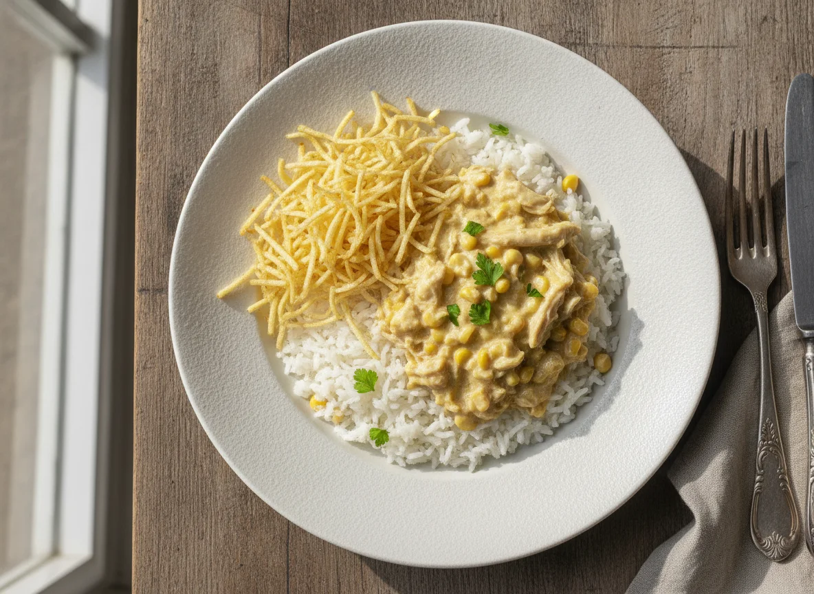 Fricassê de Frango com Arroz e Batata Palha photo