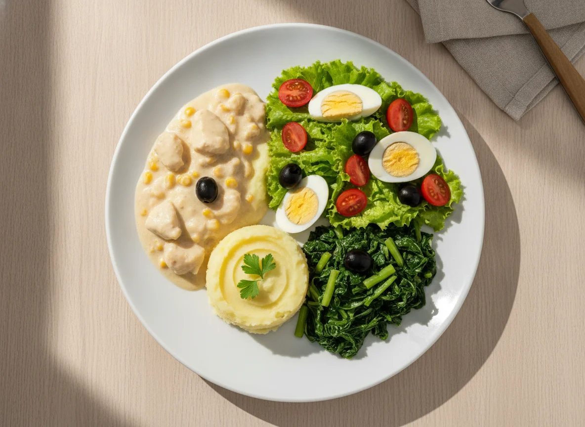 Fricassê de frango com purê de batata, couve e salada photo