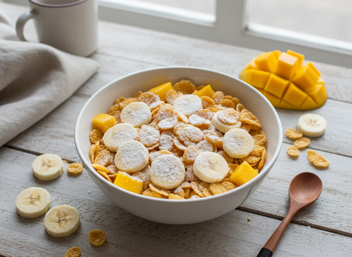 Frutas com cereais e leite em pó photo