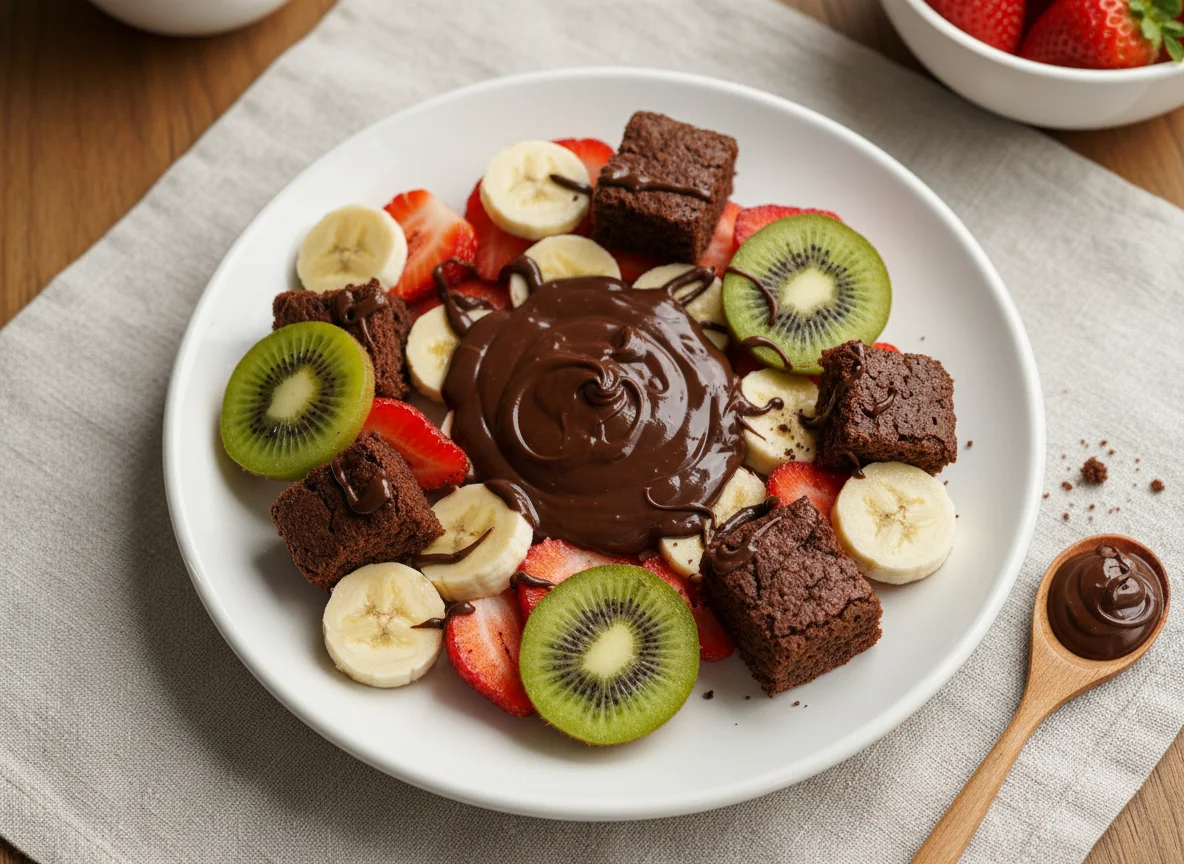 Frutas com chocolate meio amargo e brownie photo