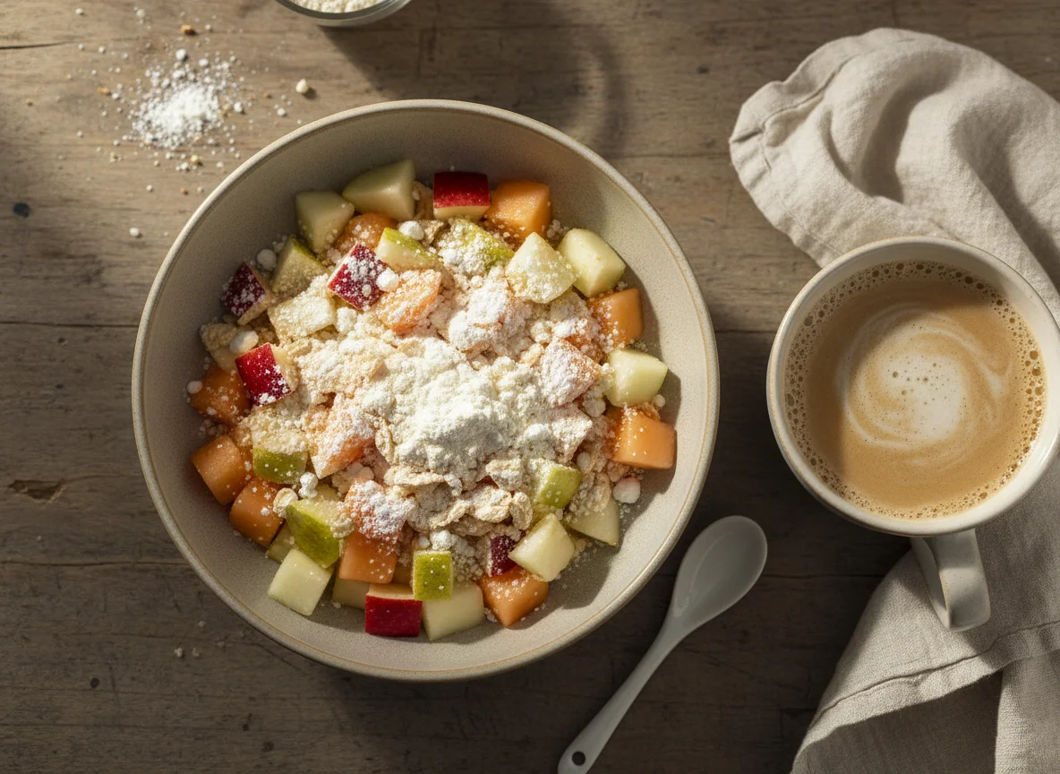 Frutas picadas com farinha láctea e café com leite photo