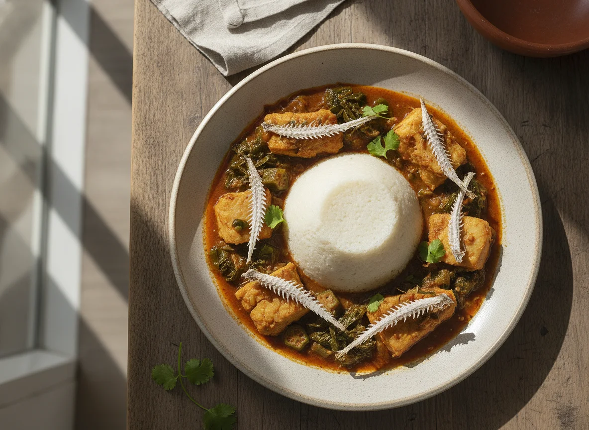 Funje com Calulu de Peixe e Espinha de Peixe Seco photo