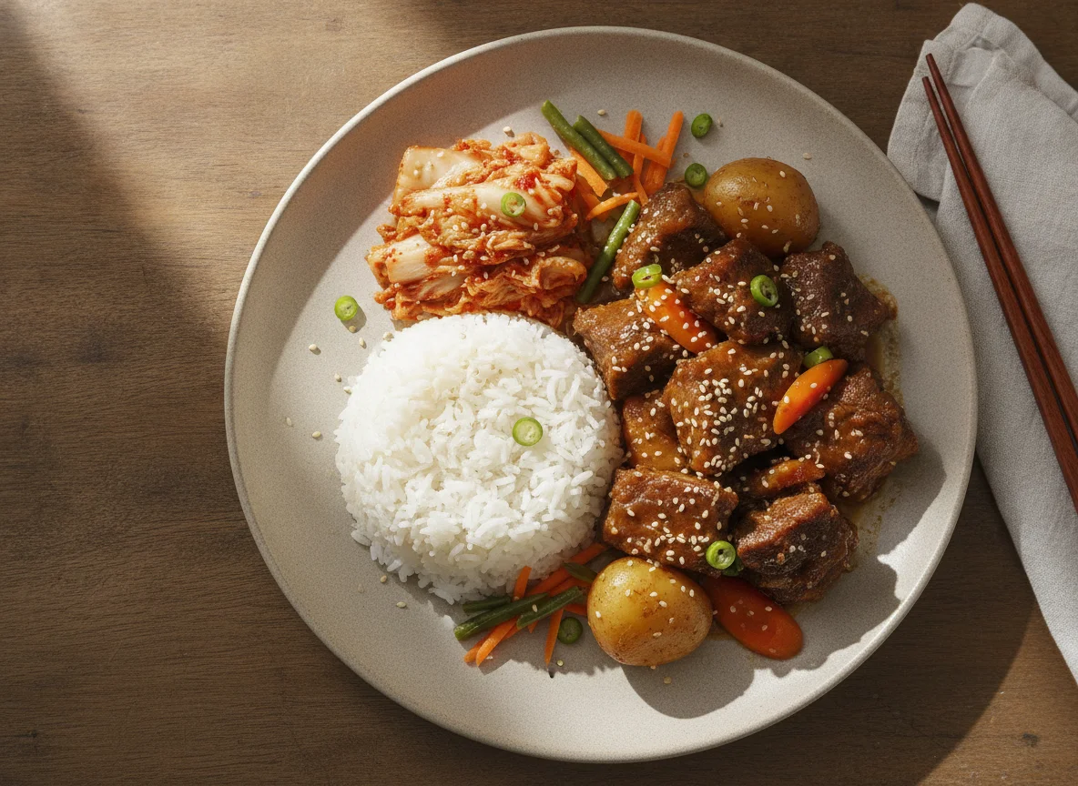 Galbi-jjim (Costela Coreana) com Arroz e Kimchi photo