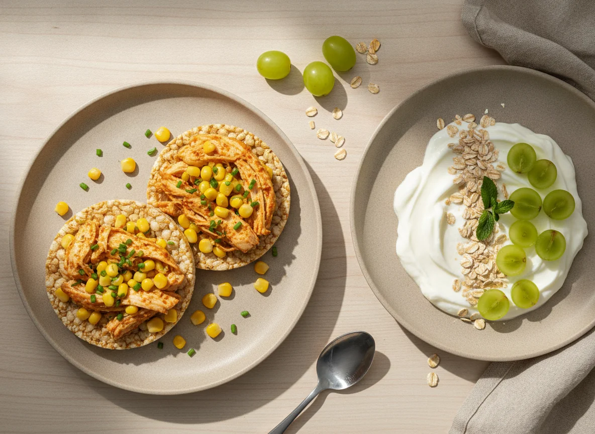 Galetes de arroz com frango e iogurte com aveia e uvas photo