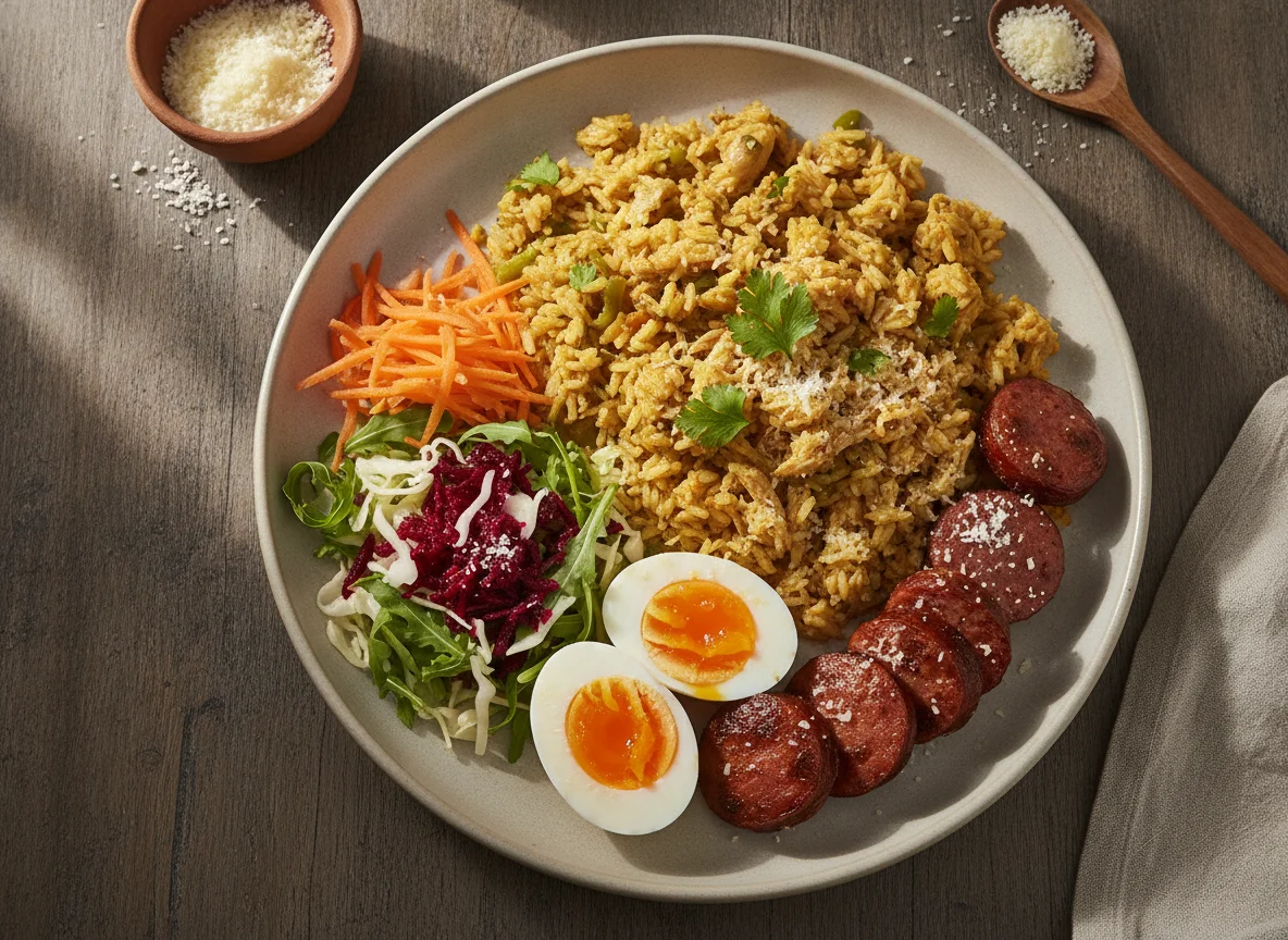 Galinhada com ovo, linguiça e salada photo