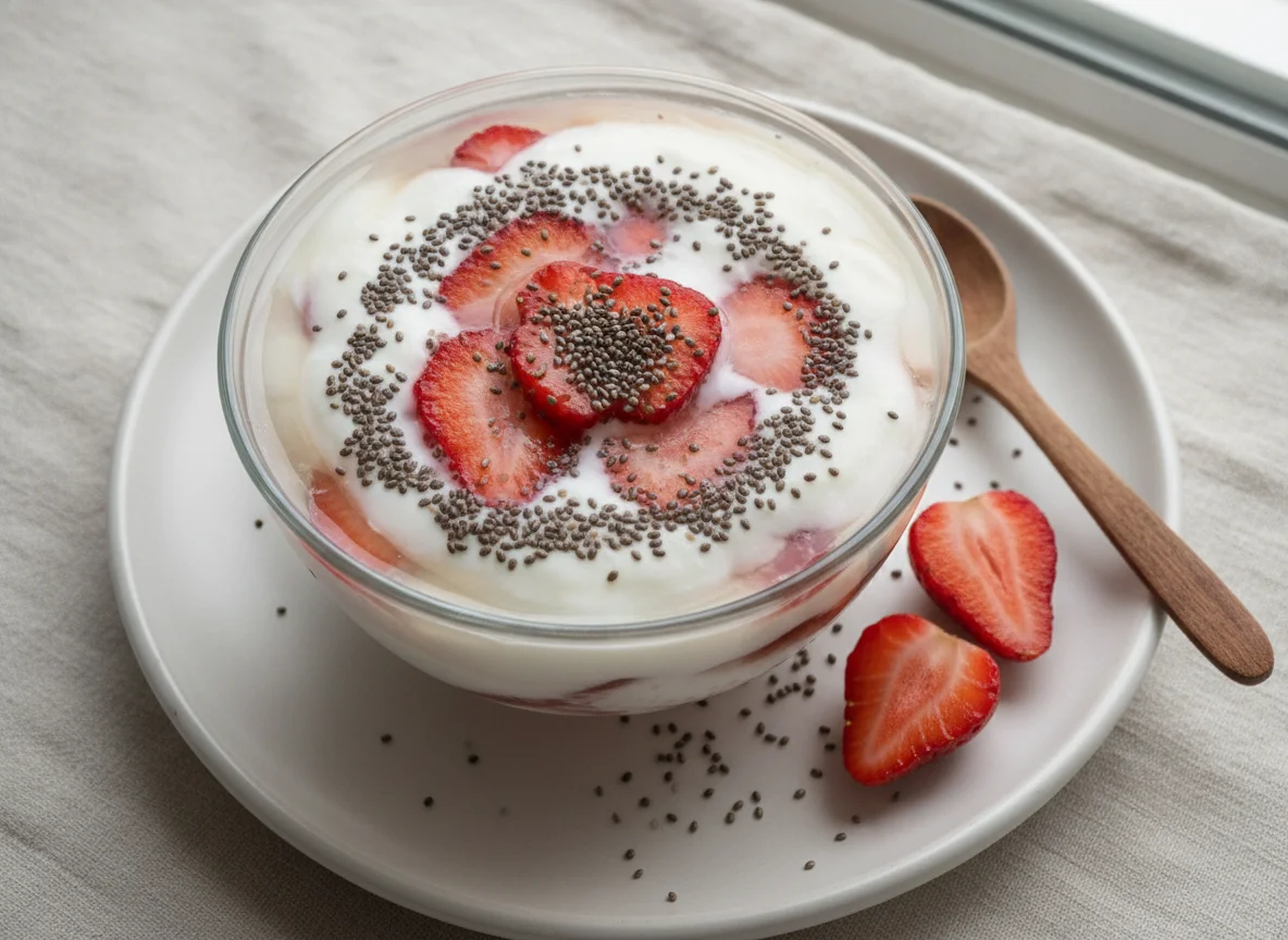 Gelatina de iogurte com morango e chia photo