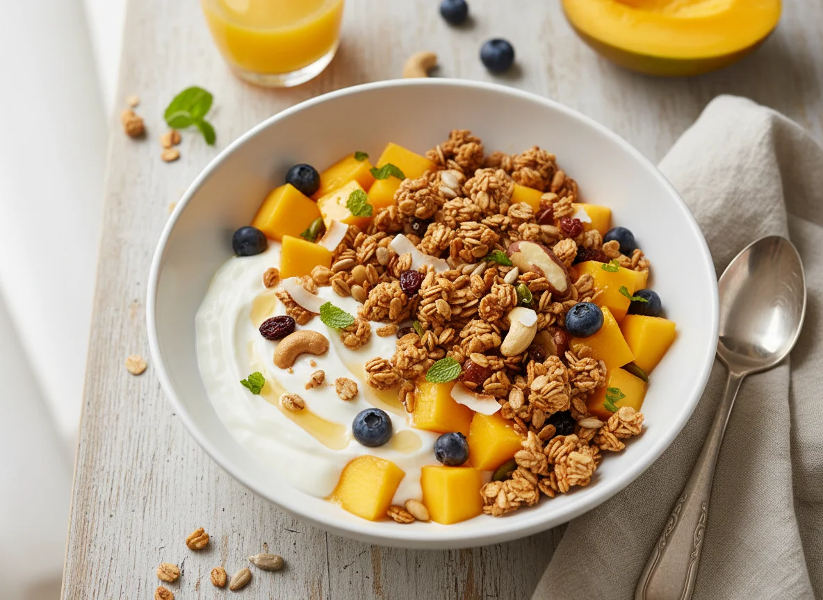 Granola com iogurte e manga photo