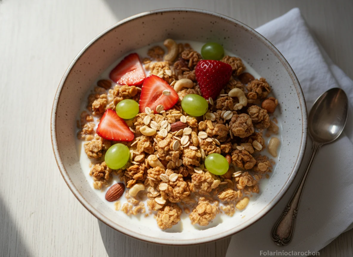 Granola com leite e frutas photo
