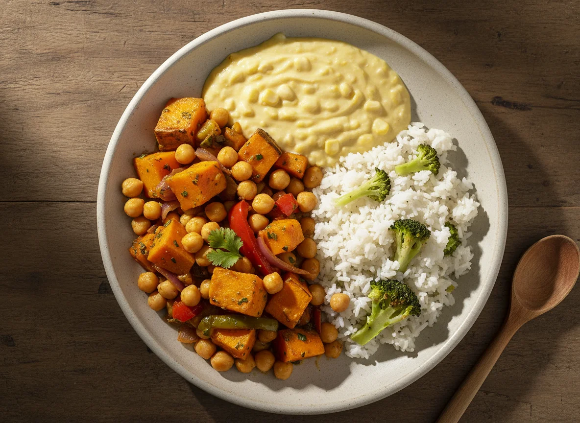 Grão de bico com legumes, arroz com brócolis e creme de milho photo