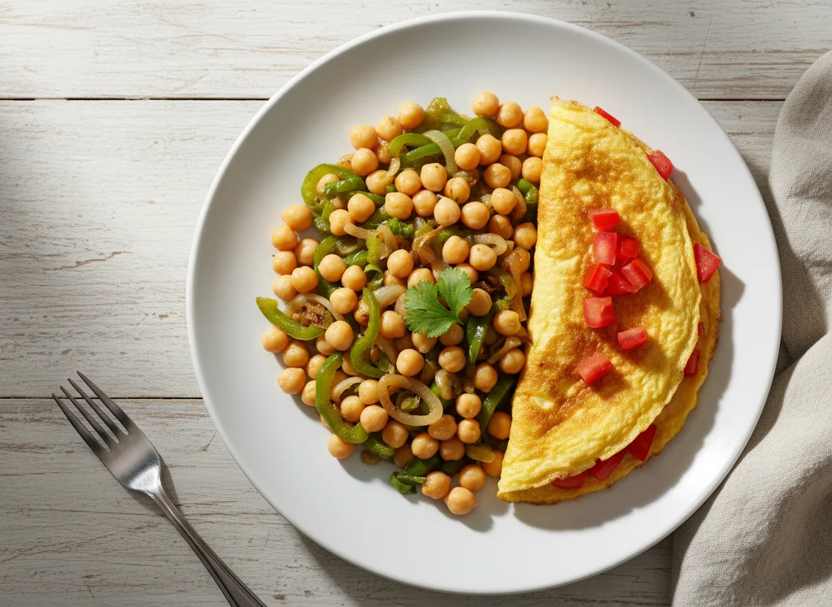 Grão de bico com pimentão e omelete photo