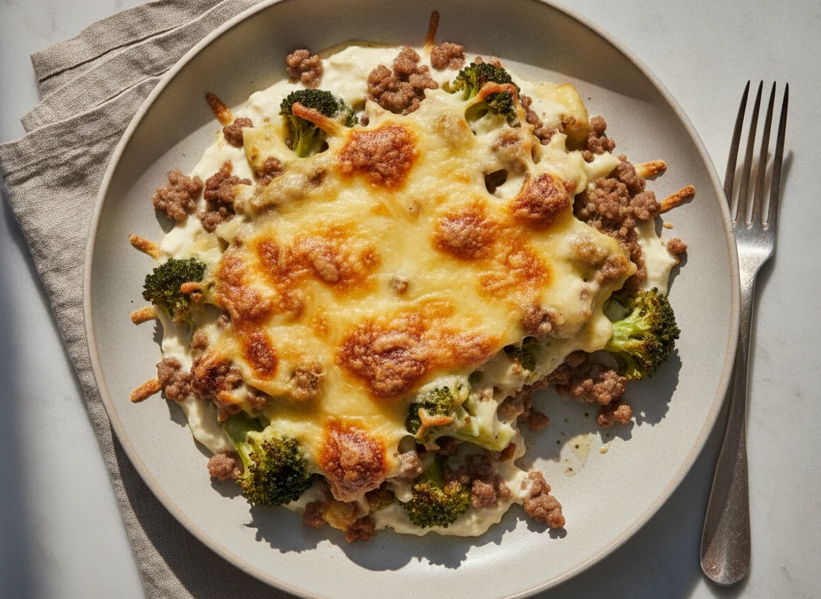 Gratinado de brócolis com carne moída e queijo photo