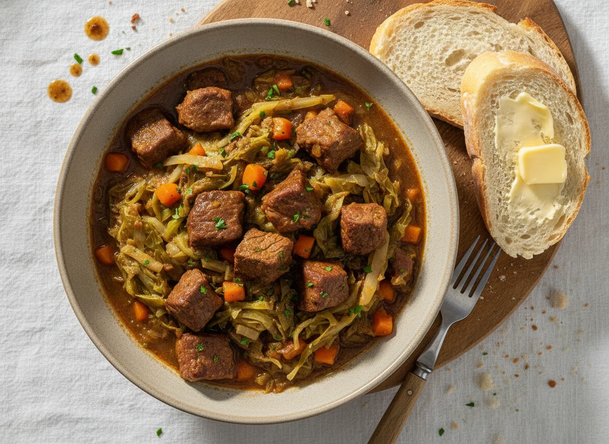 Guisado de carne com repolho e pão photo