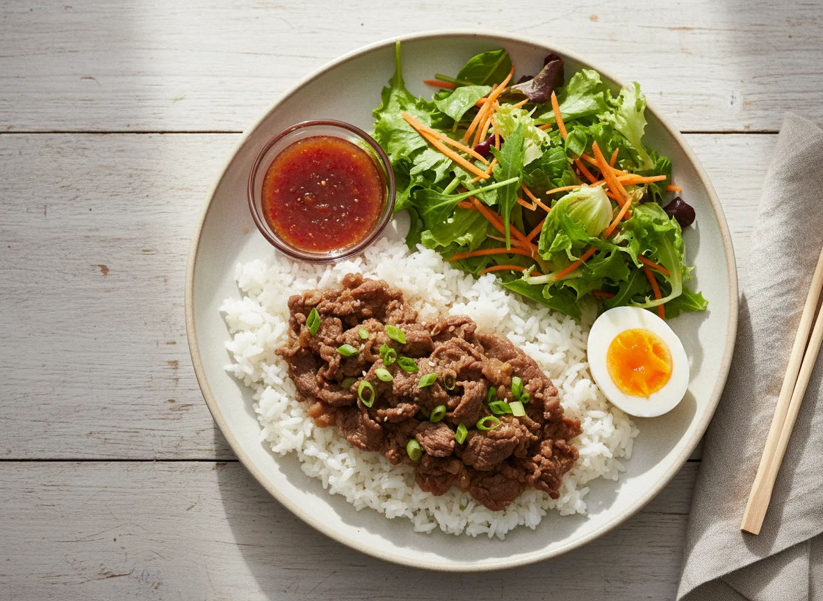 Gyudon com salada e ovo cozido photo