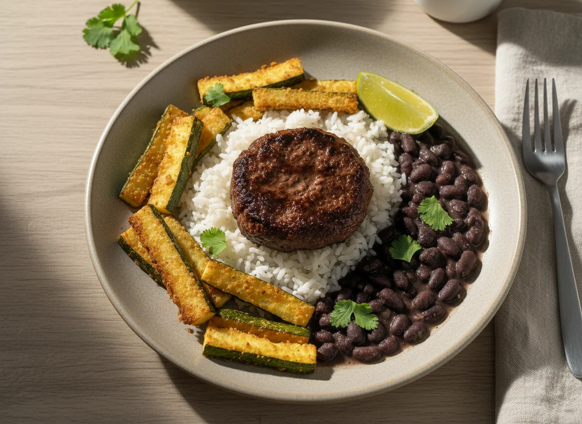 Hamburger de carne tostadinho com arroz, feijão e palitos crocantes de abobrinha photo