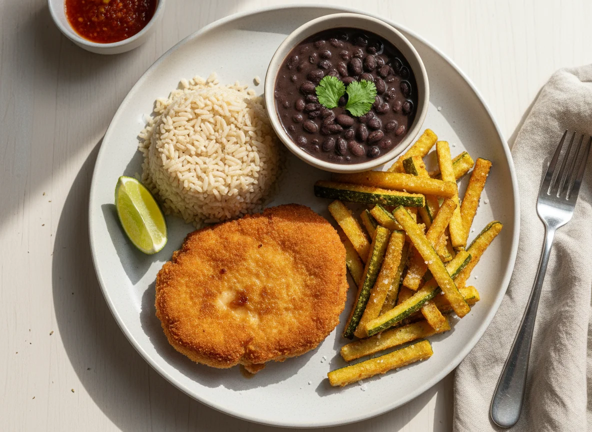 Hamburger de frango e palitos crocantes de abrobrinha photo