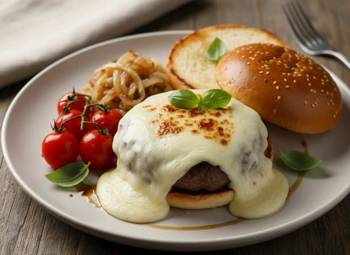 Hambúrguer aberto com queijo, cebola e tomate cereja photo