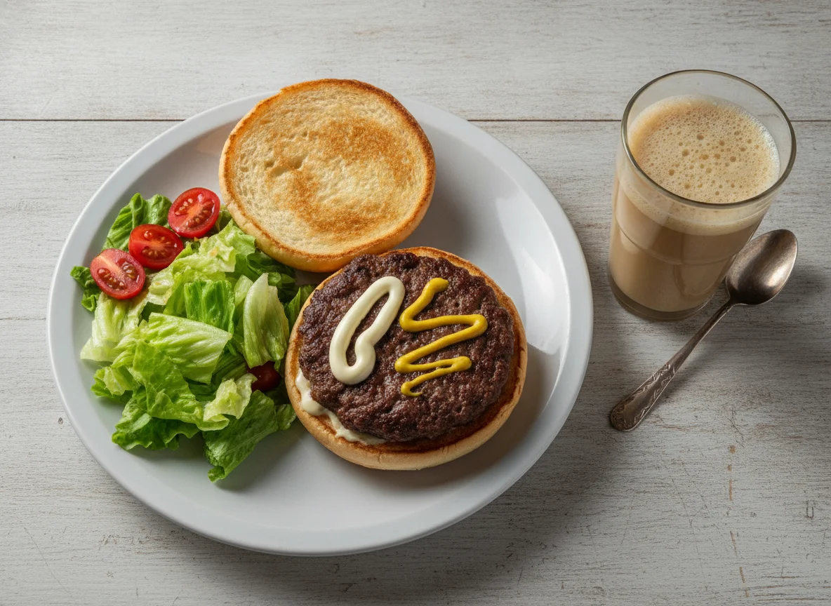 Hambúrguer aberto com salada e café com leite photo