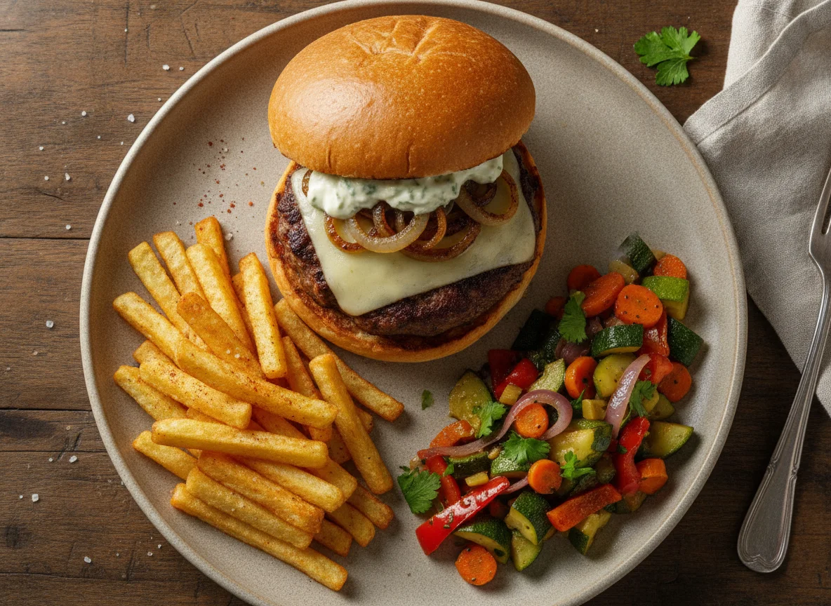 Hambúrguer caseiro com batata frita na airfryer e refogado de legumes photo