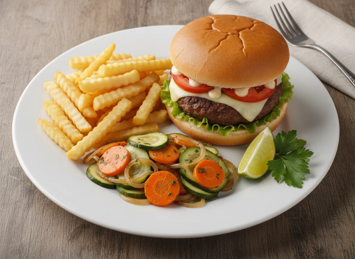 Hambúrguer caseiro com batatas fritas e legumes refogados photo