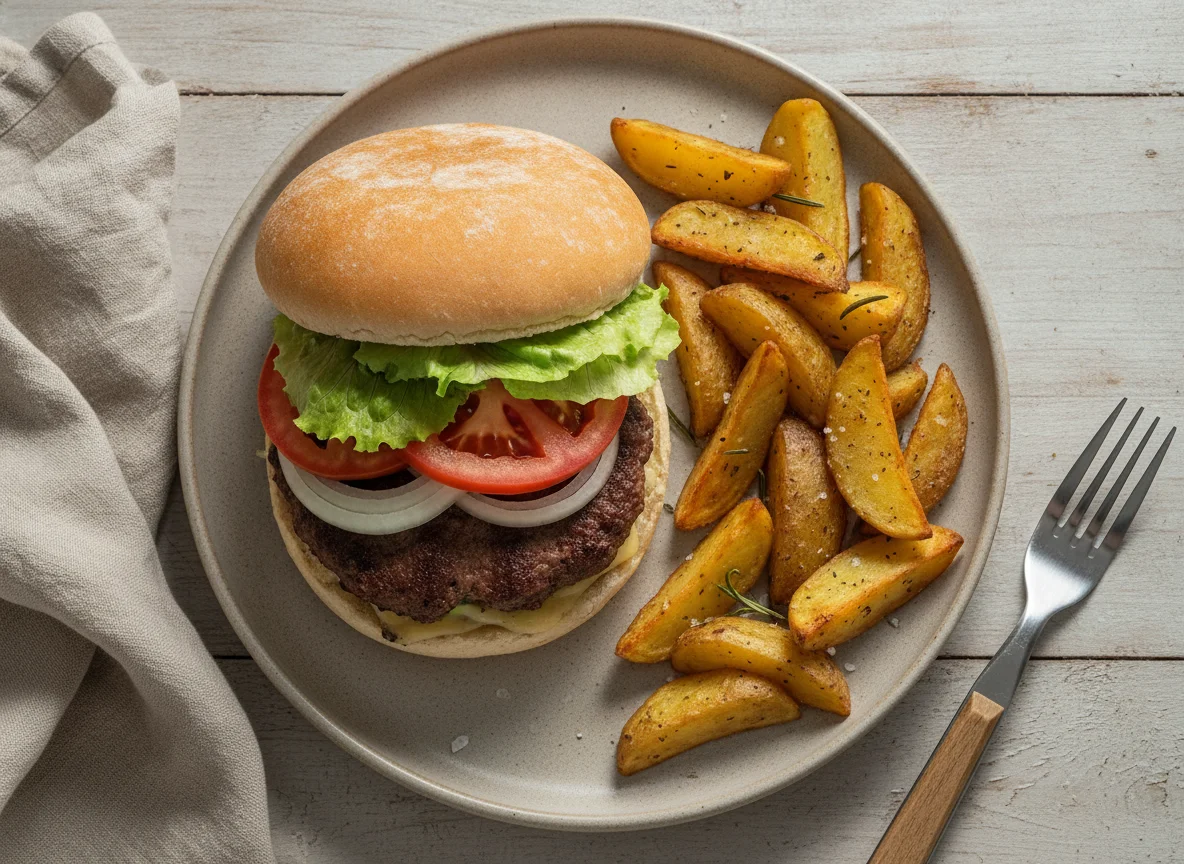 Hambúrguer caseiro com batatas rústicas photo