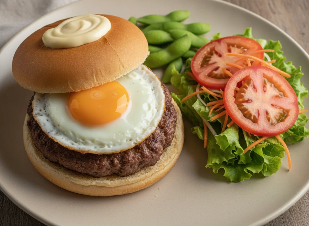 Hambúrguer caseiro com edamame e salada photo