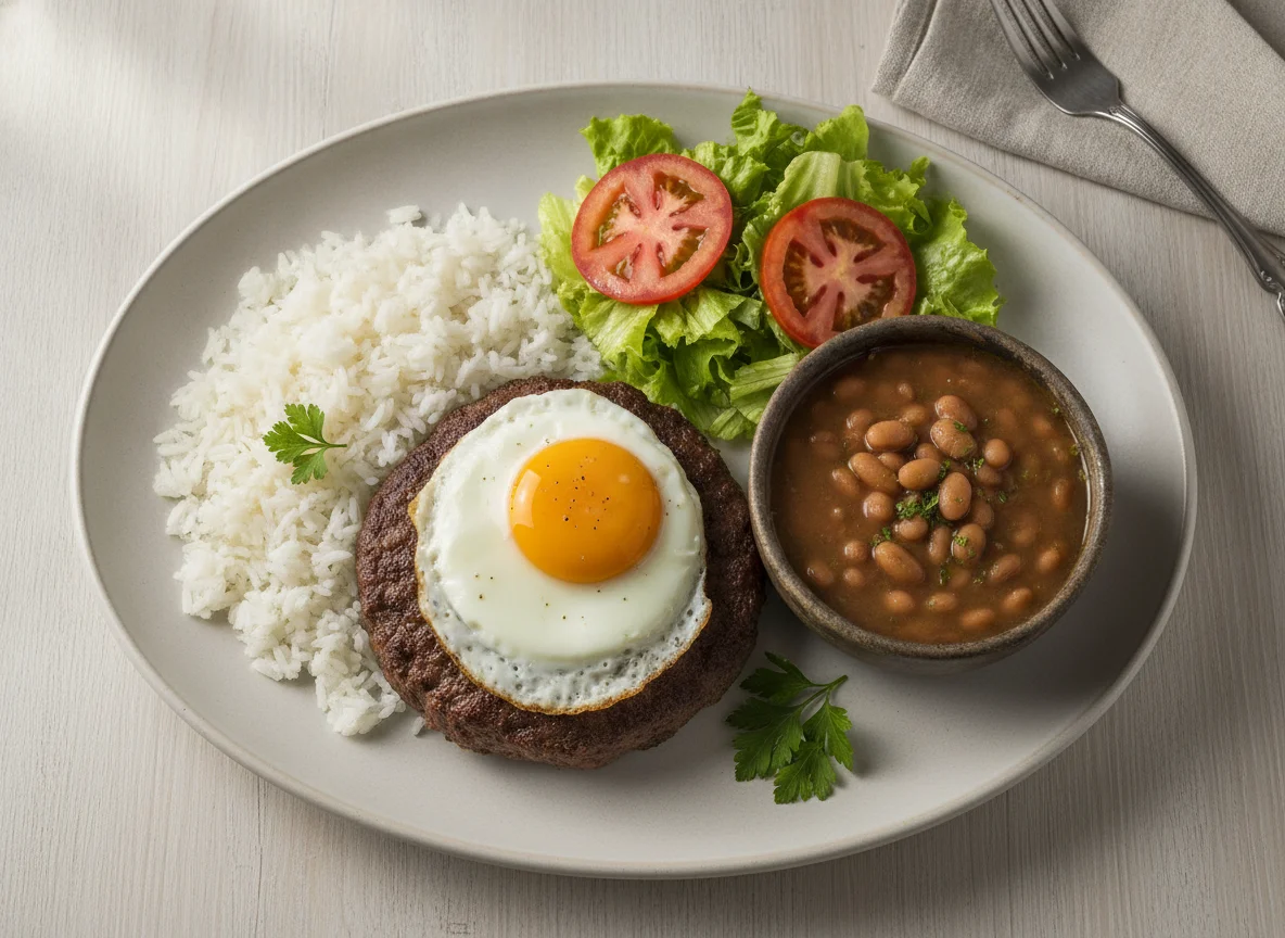 Hambúrguer caseiro com ovo, feijão e salada photo