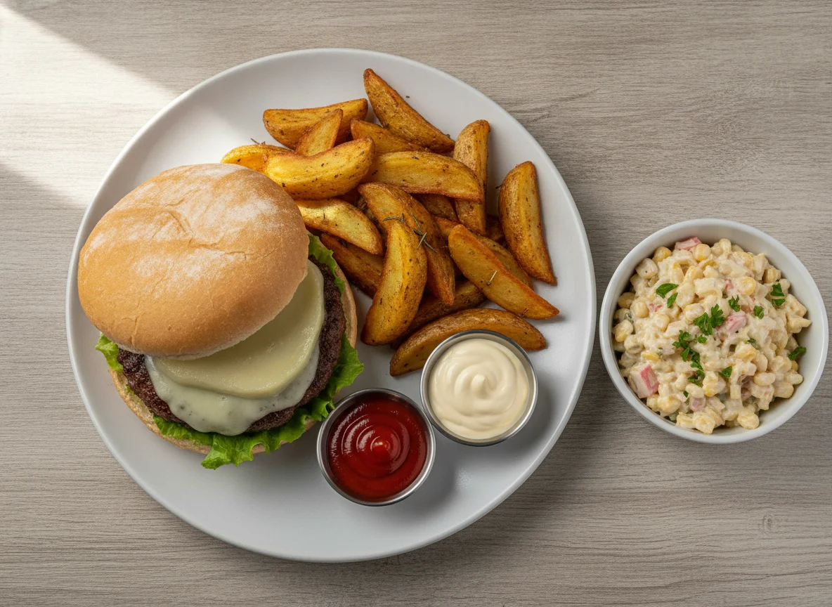 Hambúrguer caseiro com salada de maionese e batatas photo