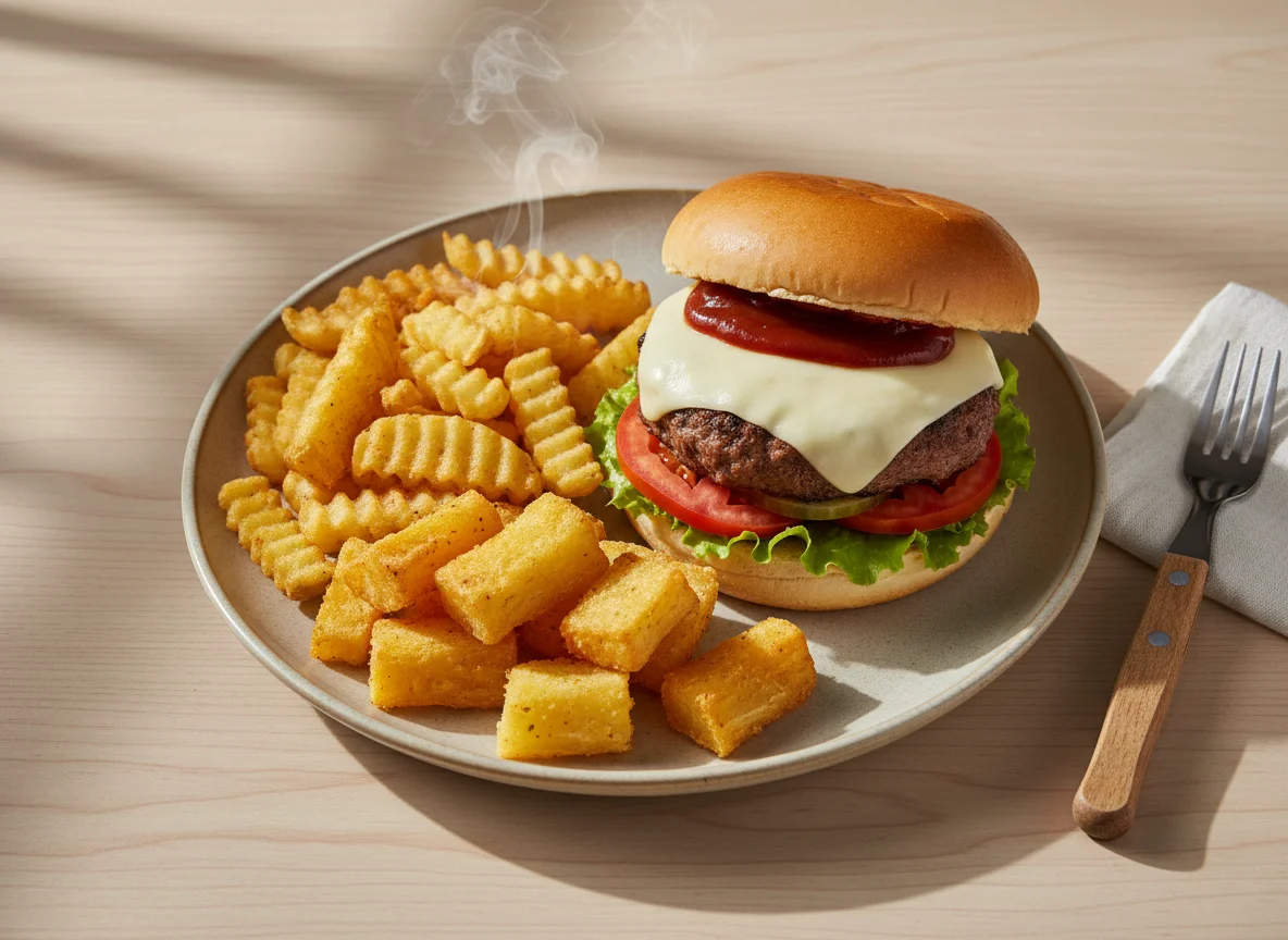 Hambúrguer com aipim e batata na air fryer photo