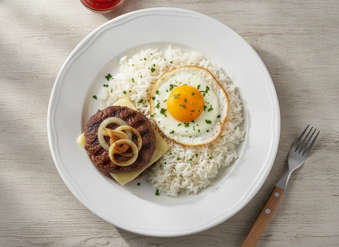 Hambúrguer com arroz e ovo estrelado photo