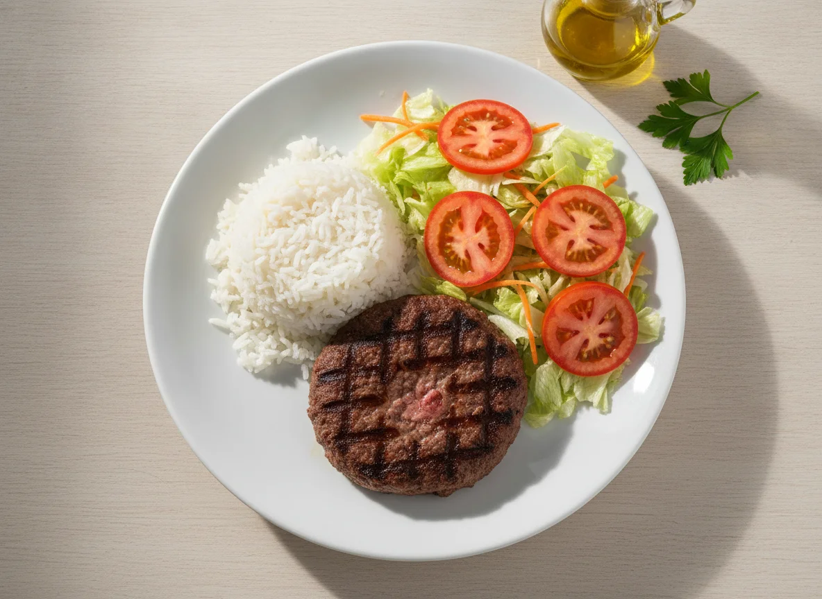 Hambúrguer com arroz e salada mista photo
