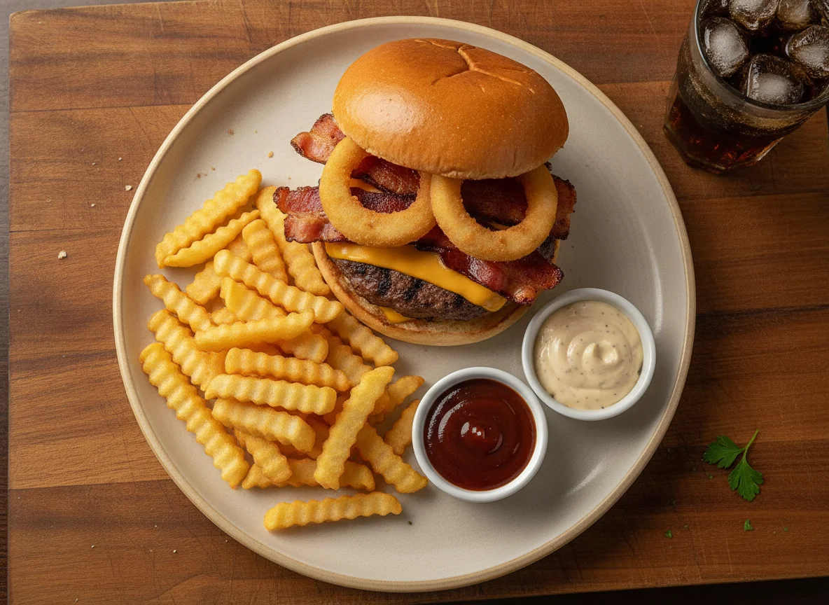 Hambúrguer com Bacon, Batata Frita e Molhos photo