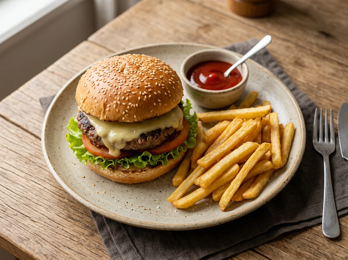 Hambúrguer com Batata Frita e Ketchup photo
