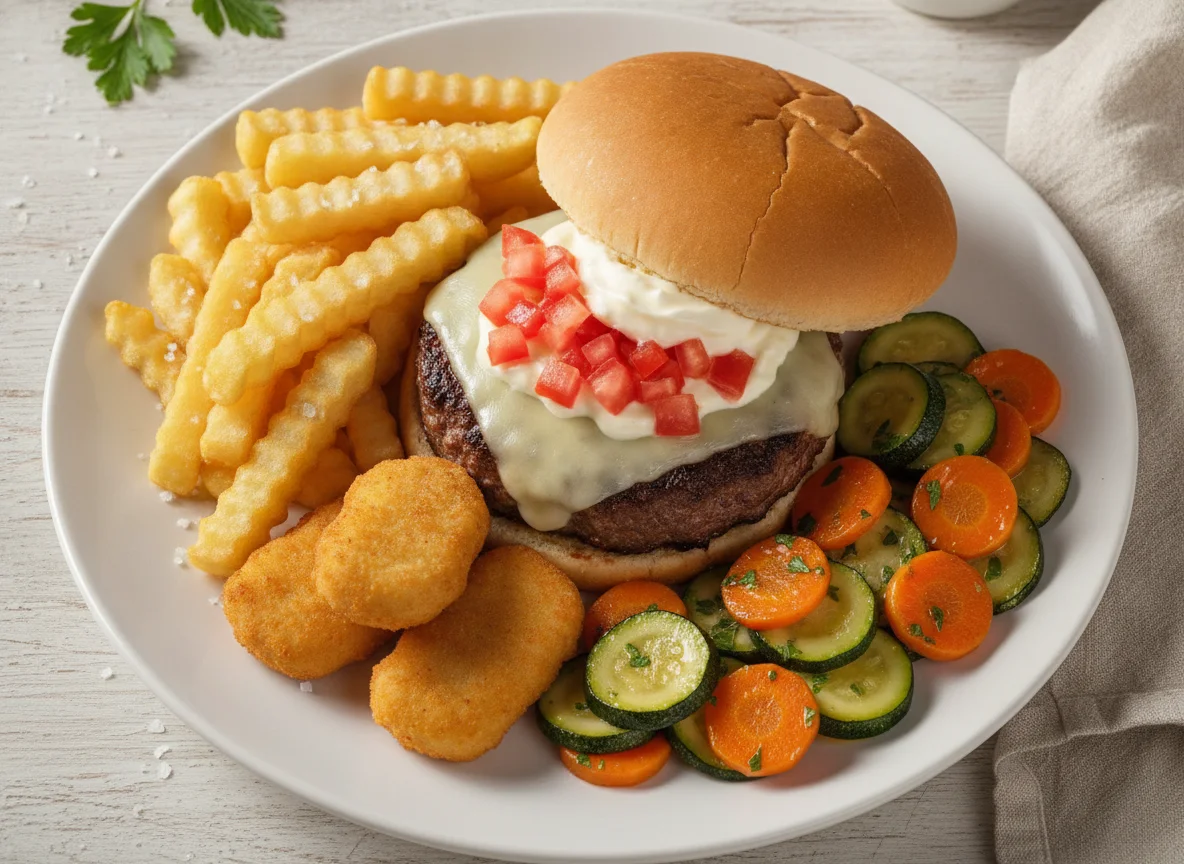 Hambúrguer com Batata Frita e Legumes Refogados photo