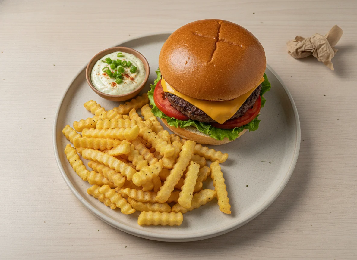 Hambúrguer com Batata Frita e Maionese Temperada photo